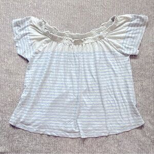 Faherty Off Shoulder Blue Stripe Ruffle Tee Top Women’s Small Coastal Summer